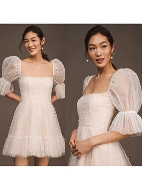 By Watters Macaron - Ivory Puff Sleeve Mini Dress with Square Neck